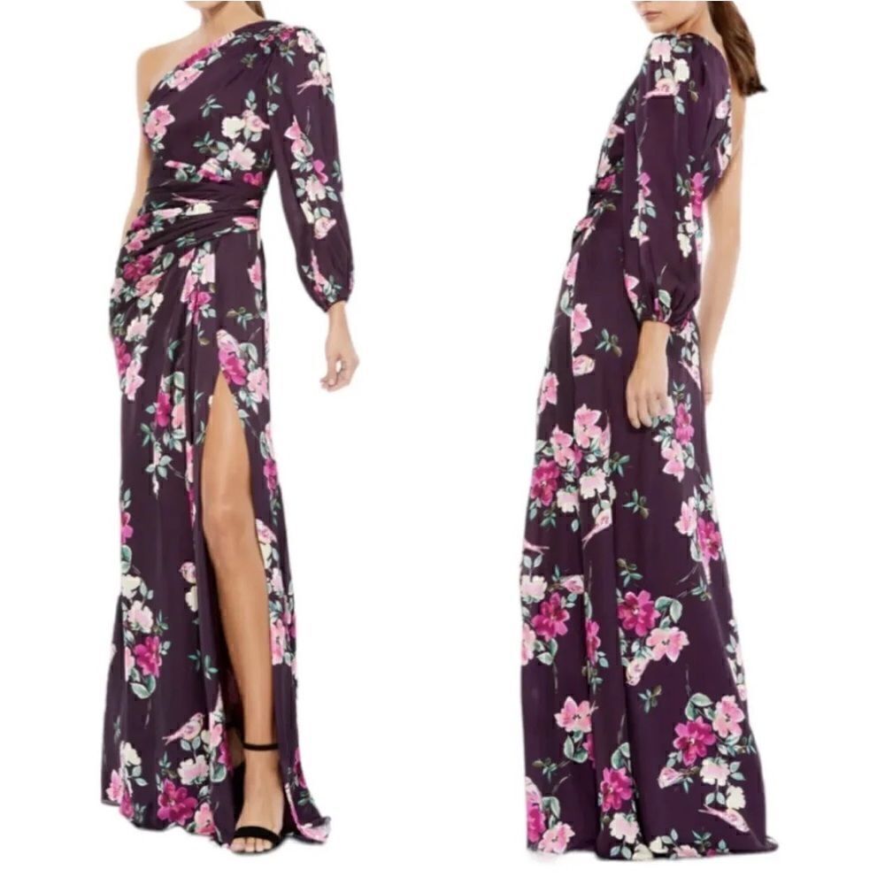 Mac Duggal 2634 Plum Purple Floral Print One Sleeve Slit Gown Size Small NWT
